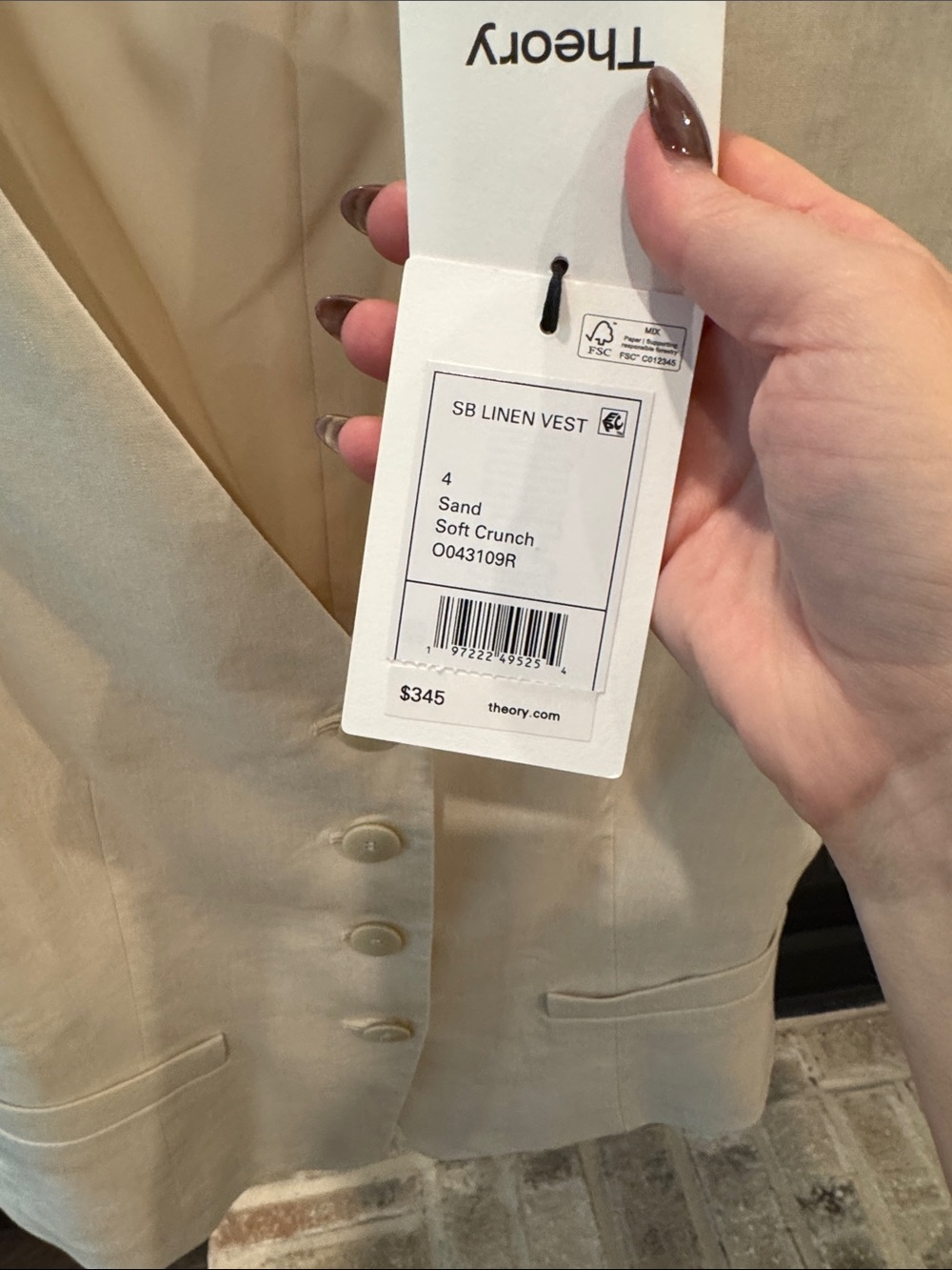 Theory Cream Linen Vest with V-Neck and Button Front - Picture 2 of 2
